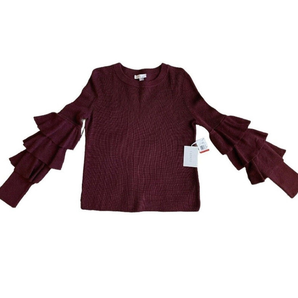 1.STATE Burgundy Ruffle Bell Sleeve Sweater XS NEW